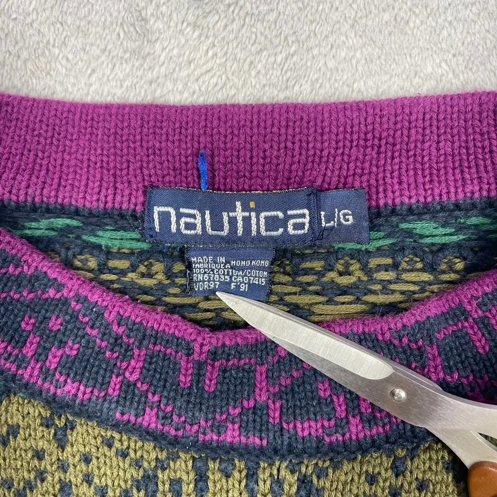 Vintage 90s Nautica Sweater Mens L Geometric Fair Isle Cotton Hong Kong